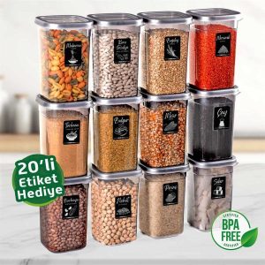 SGS Saklama Bakliyat Erzak Kabı Kare 1200 ML 12 Parça Gri